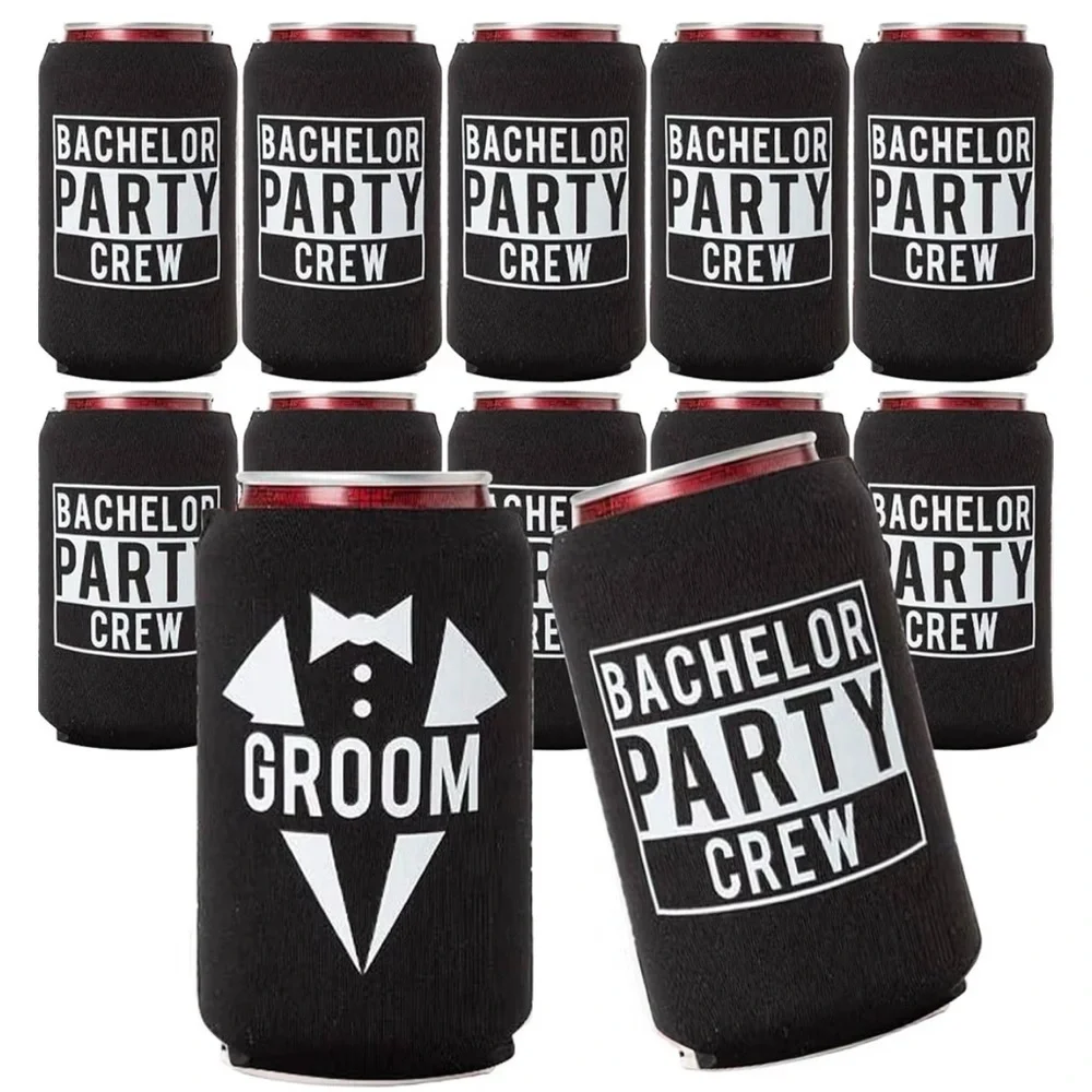 Groom and Bachelor Party Crew Black Can Coolers